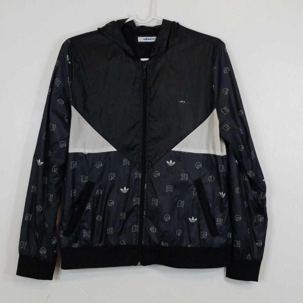 Adidas Zip Up Black/White Hooded Wind Breaker